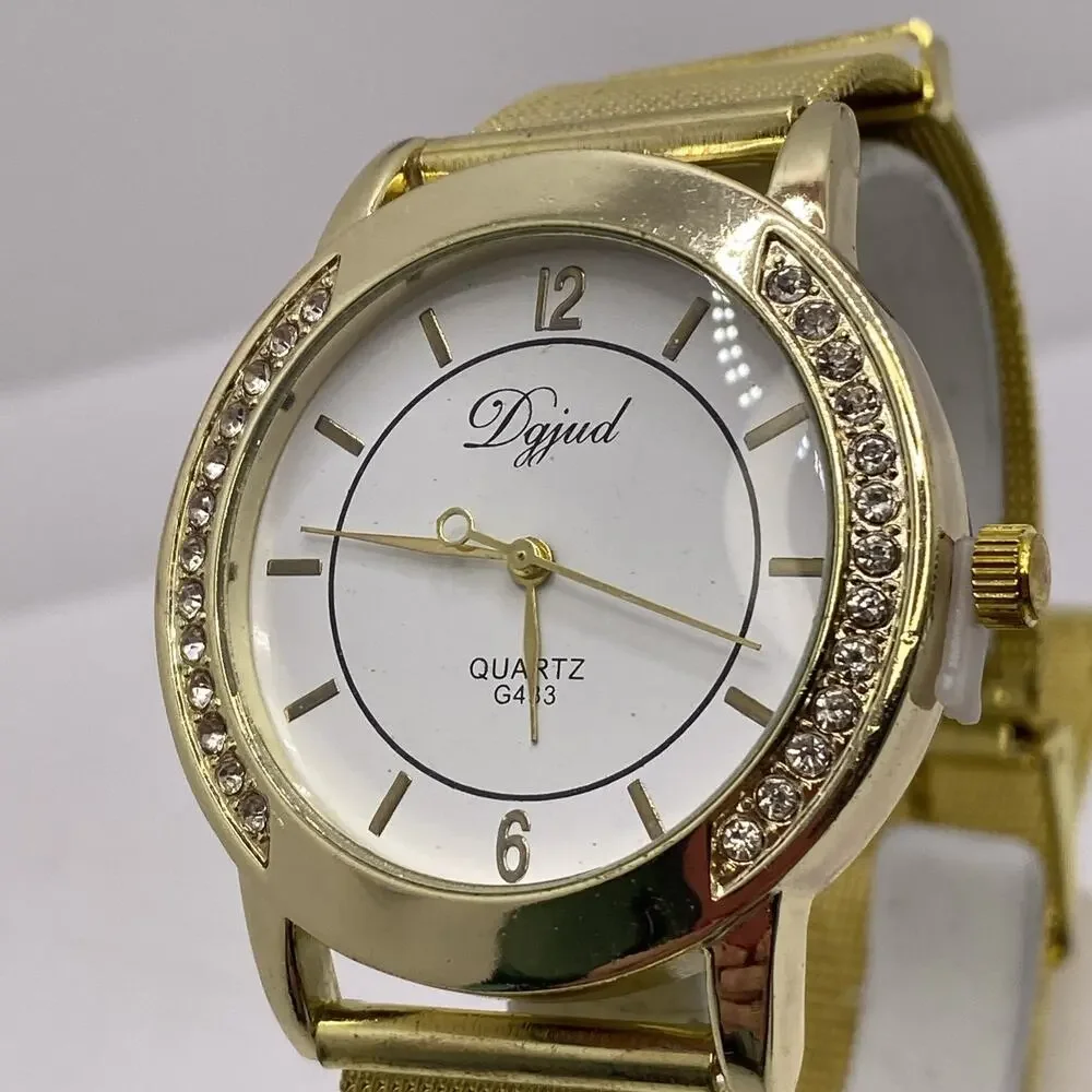 Rhinestone Womens Gold Tone Quartz Fashion Watch Works New Battery New!